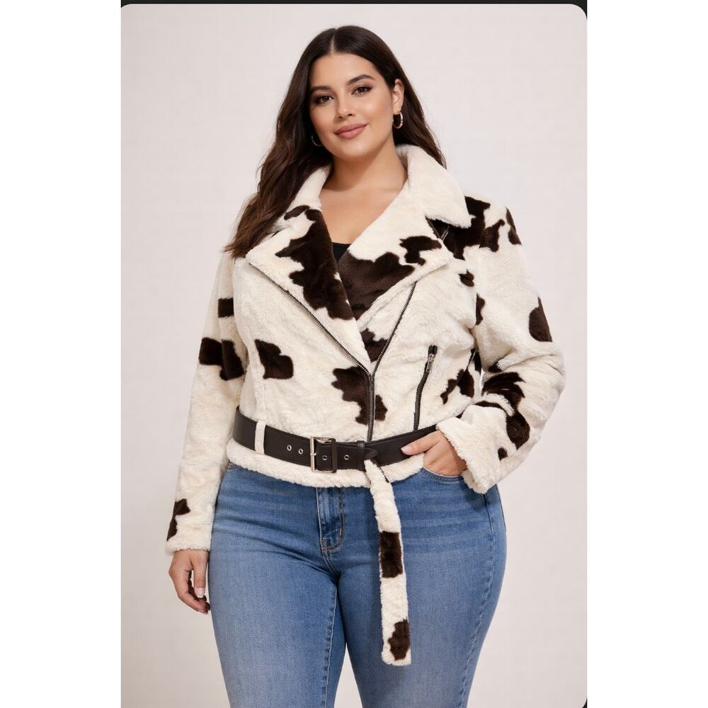 Forever 21 1X Cow Print Faux Fur Moto Jacket Cropped Plush Teddy Biker